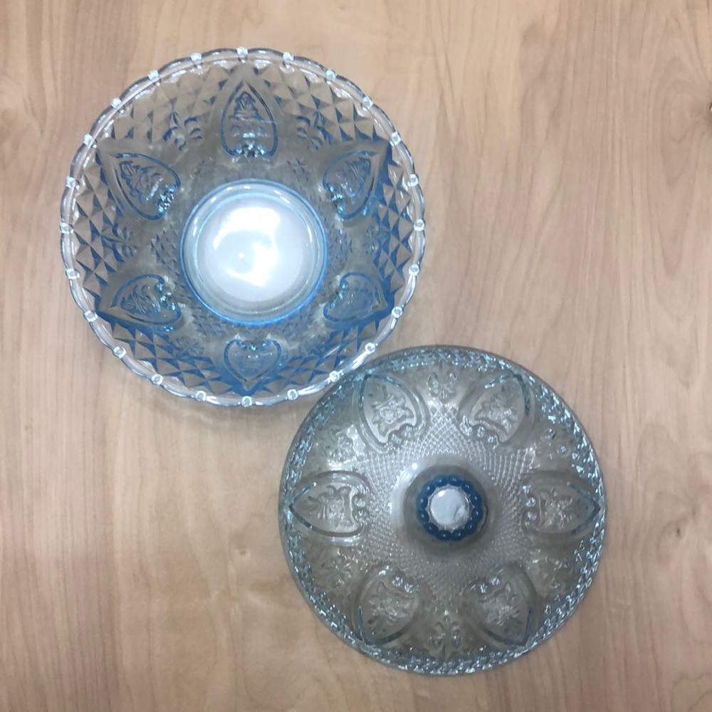 Ice Blue KIG Indonesia Glass Candy Dish Hearts Fleur De Lis w/lid